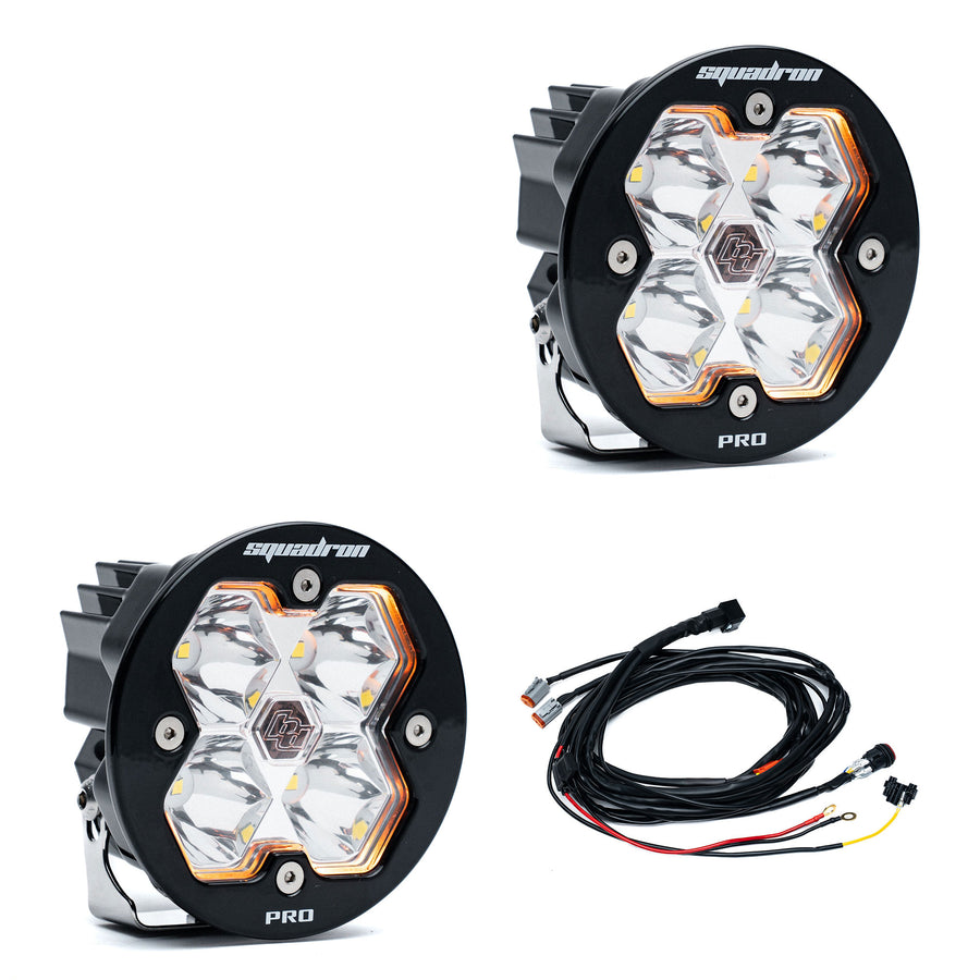 Luz auxiliar LED Baja Designs Squadron-R 2.0 Pro Black LED Auxiliary Light Pod Pair - Universal (Light Pattern: Spot, Color: Clear, Harness?: Yes Toggle On/Off)